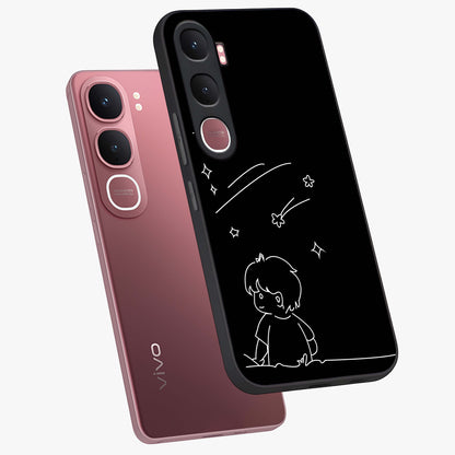 Line Art Boy With Shooting Stars Glass Case displayed in angled mockup highlighting elegant line art design with dreamy star aesthetic.