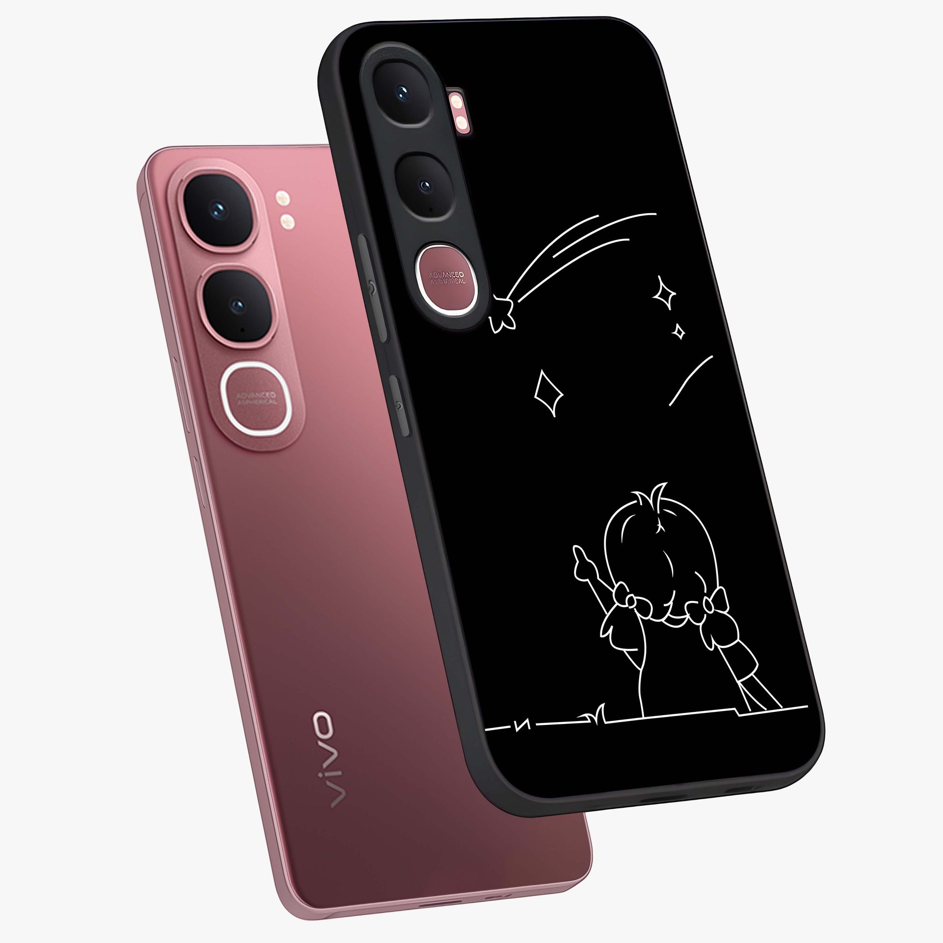 Line Art Girl With Shooting Stars Glass Case displayed in angled mockup highlighting elegant line art design with dreamy star aesthetic.