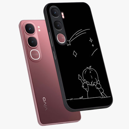Line Art Girl With Shooting Stars Glass Case displayed in angled mockup highlighting elegant line art design with dreamy star aesthetic.