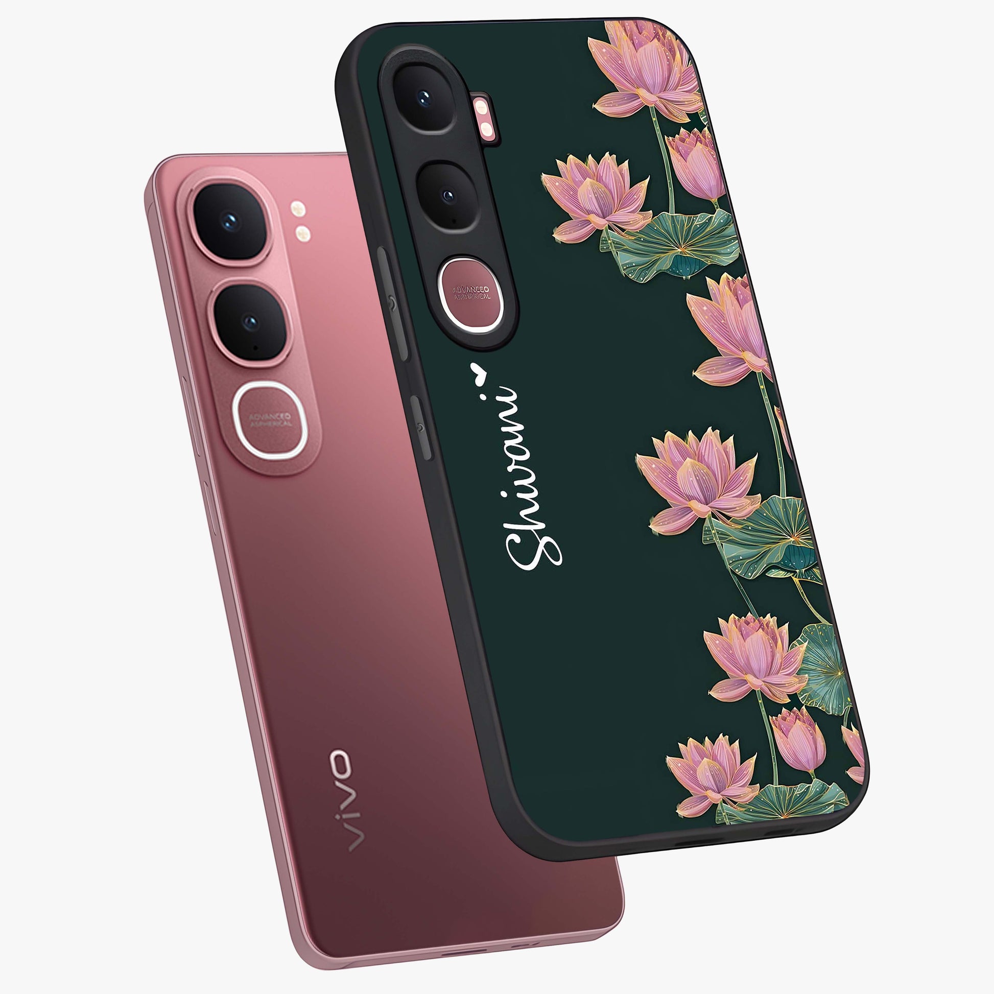 Lotus Bloom Serenity Custom Name Glass Case displayed in angled mockup highlighting graceful lotus illustration with custom name feature.