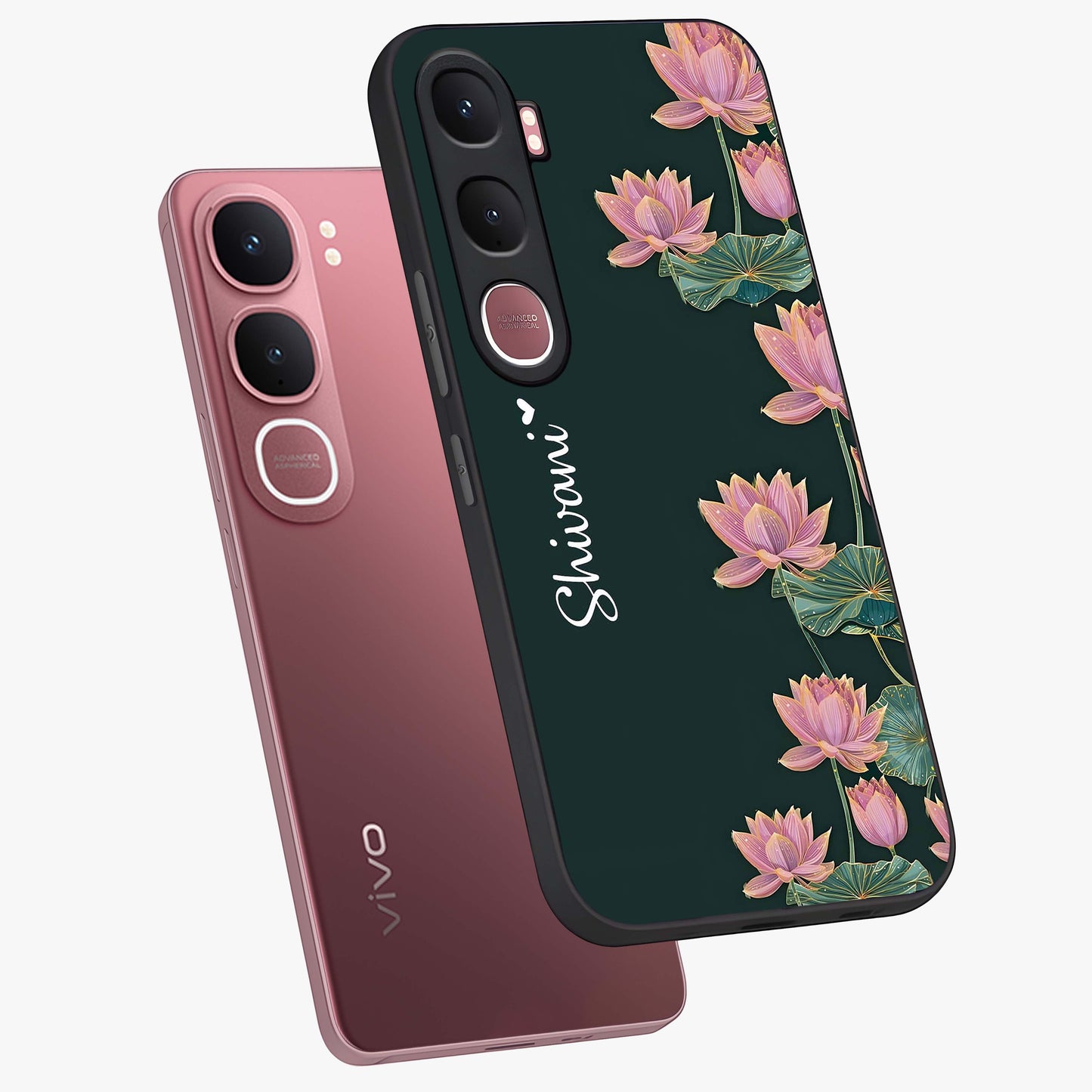Lotus Bloom Serenity Custom Name Glass Case displayed in angled mockup highlighting graceful lotus illustration with custom name feature.