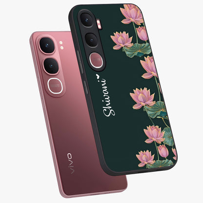 Lotus Bloom Serenity Custom Name Glass Case displayed in angled mockup highlighting graceful lotus illustration with custom name feature.