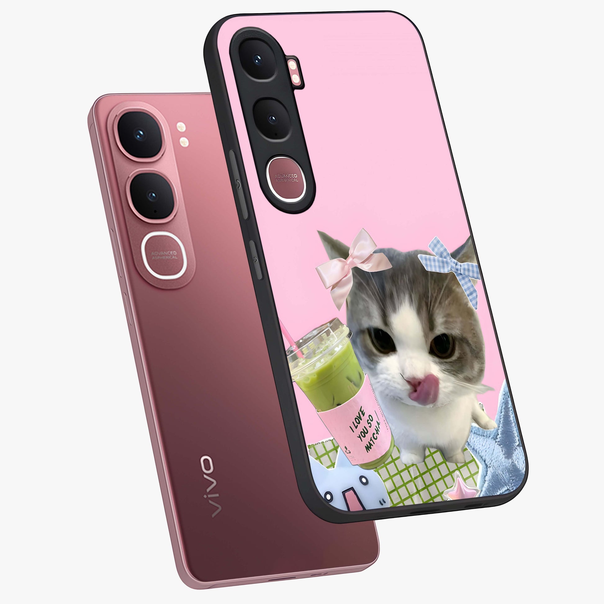Love Matcha Cat Glass Case displayed in angled mockup highlighting playful feline illustration with cozy matcha aesthetic.