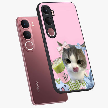 Love Matcha Cat Glass Case displayed in angled mockup highlighting playful feline illustration with cozy matcha aesthetic.