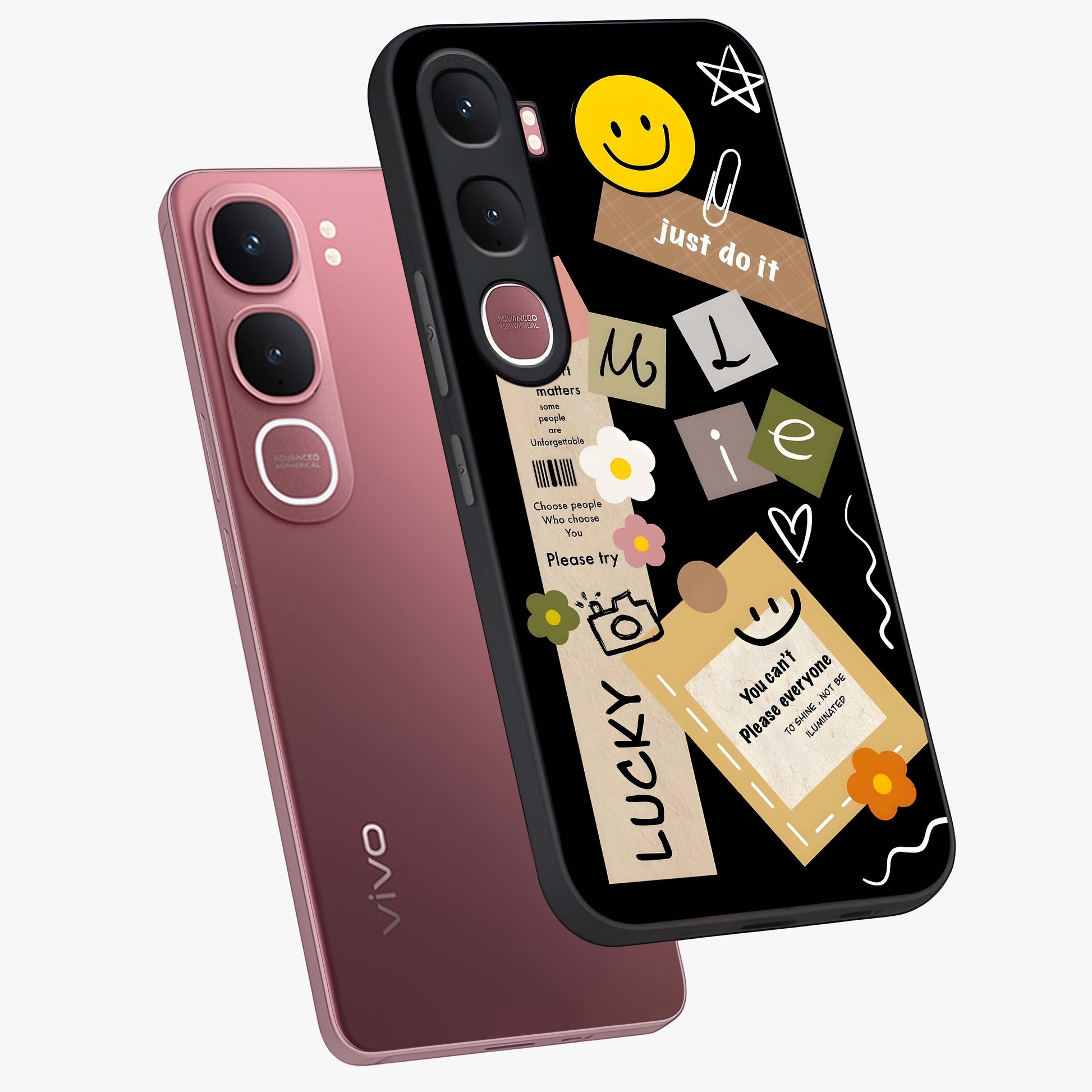 Lucky Aesthetic Collage Glass Case displayed in angled mockup highlighting stylish collage pattern with modern aesthetic vibe.
