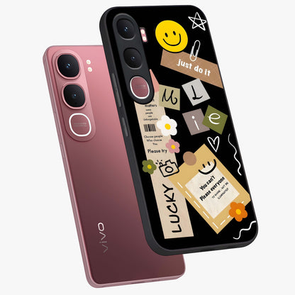 Lucky Aesthetic Collage Glass Case displayed in angled mockup highlighting stylish collage pattern with modern aesthetic vibe.