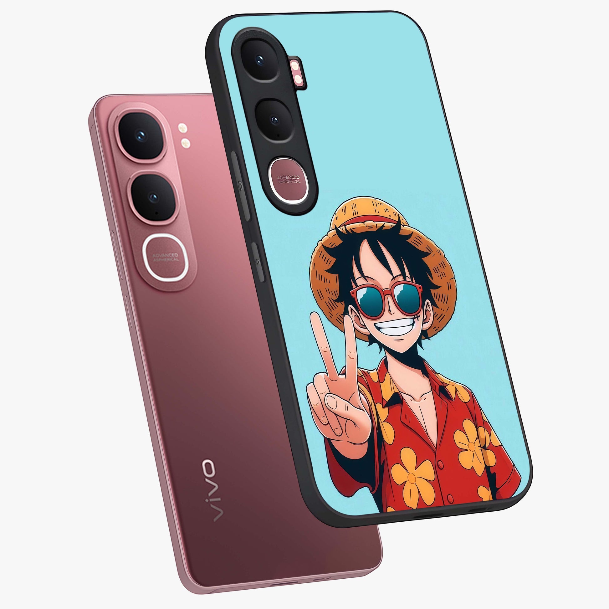 Luffy Summer Anime Vibe Glass Case displayed in angled mockup highlighting energetic anime illustration with summer vibe aesthetic.