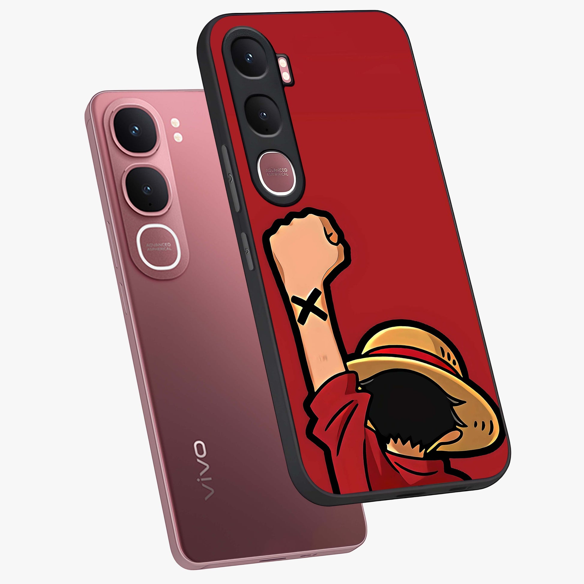 Luffy X Spirit Glass Case displayed in angled mockup highlighting powerful anime design with energetic action aesthetic.