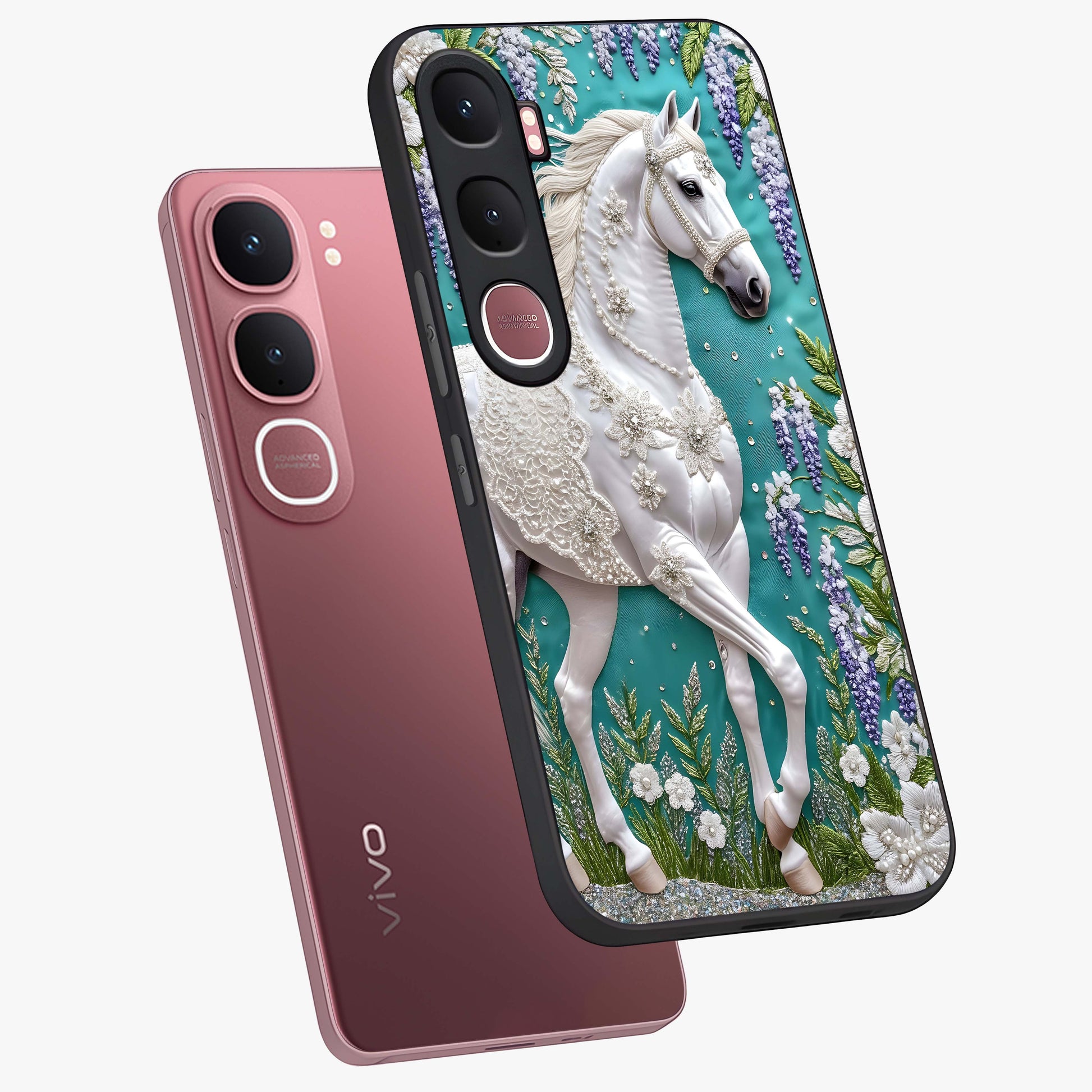 Majestic Floral Stallion Glass Case displayed in angled mockup highlighting majestic stallion illustration with elegant floral aesthetic.