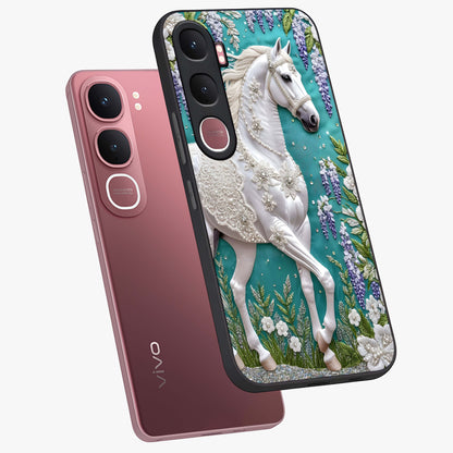 Majestic Floral Stallion Glass Case displayed in angled mockup highlighting majestic stallion illustration with elegant floral aesthetic.