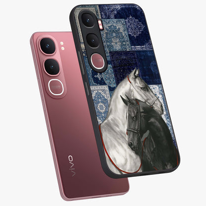 Midnight Stallion Blues Glass Case displayed in angled mockup highlighting powerful stallion illustration with deep midnight tones.