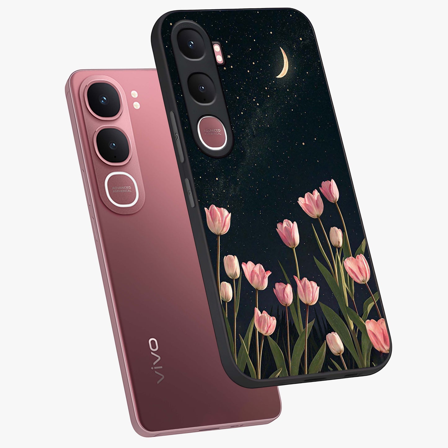 Midnight Tulip Whispers Vibe Glass Case displayed in angled mockup highlighting delicate tulip design with midnight floral aesthetic.
