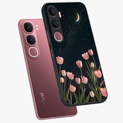 Midnight Tulip Whispers Vibe Glass Case displayed in angled mockup highlighting delicate tulip design with midnight floral aesthetic.