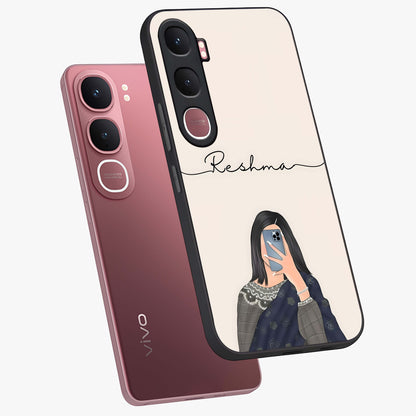 Mirror Mood Muse With Custom Name Glass Case displayed in angled mockup highlighting aesthetic mirror inspired design with custom name feature.