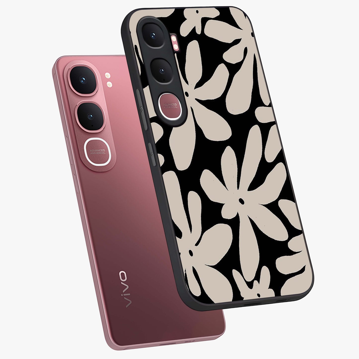 Monochrome Petal Dance Glass Case displayed in angled mockup highlighting elegant petal design with black and white aesthetic.