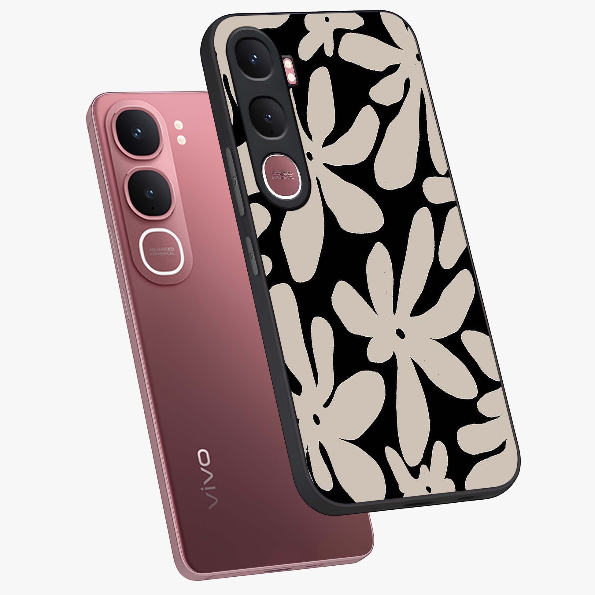 Monochrome Petal Dance Glass Case displayed in angled mockup highlighting elegant petal design with black and white aesthetic.