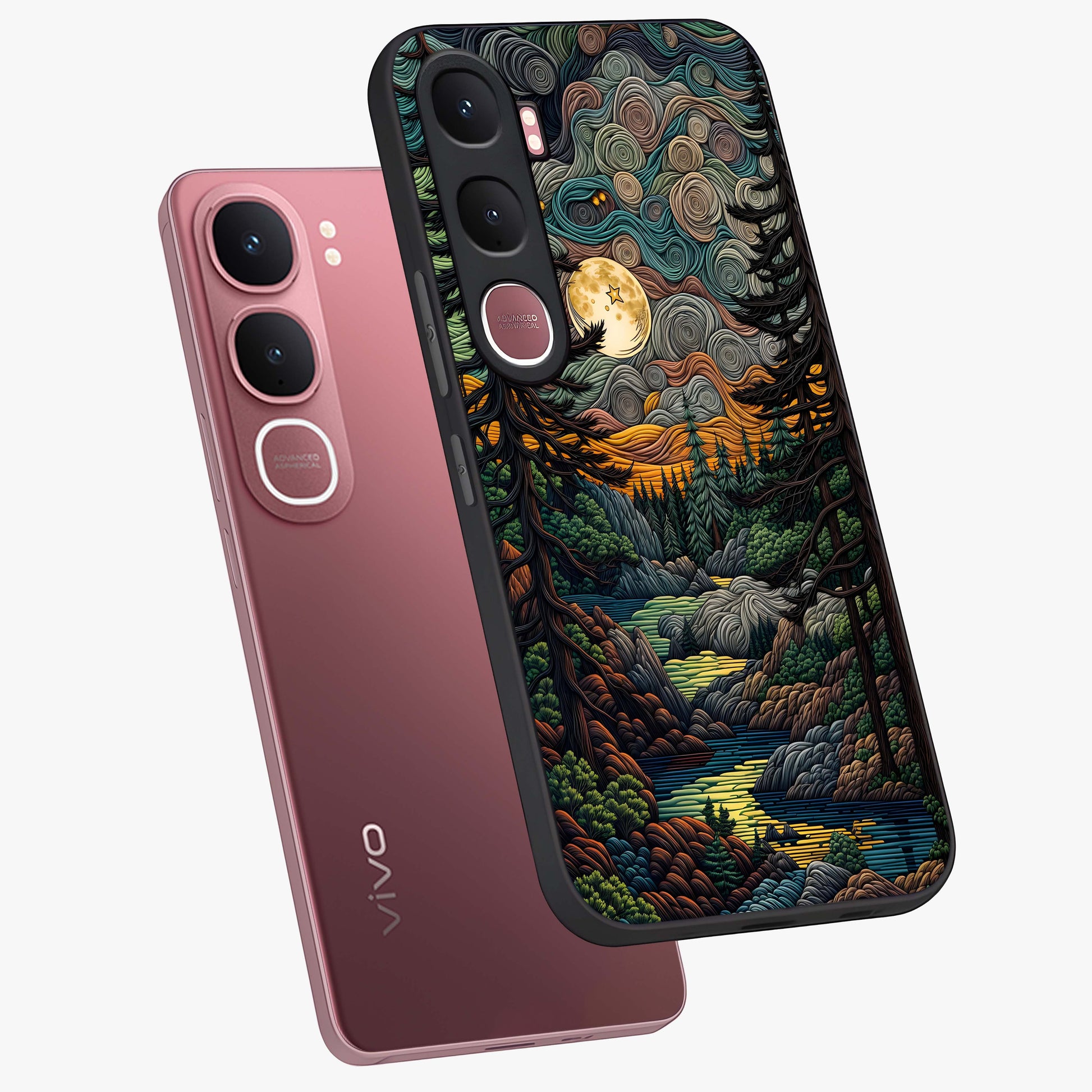 Moonlight Forest Dream Glass Case displayed in angled mockup highlighting dreamy forest design with glowing moon aesthetic.