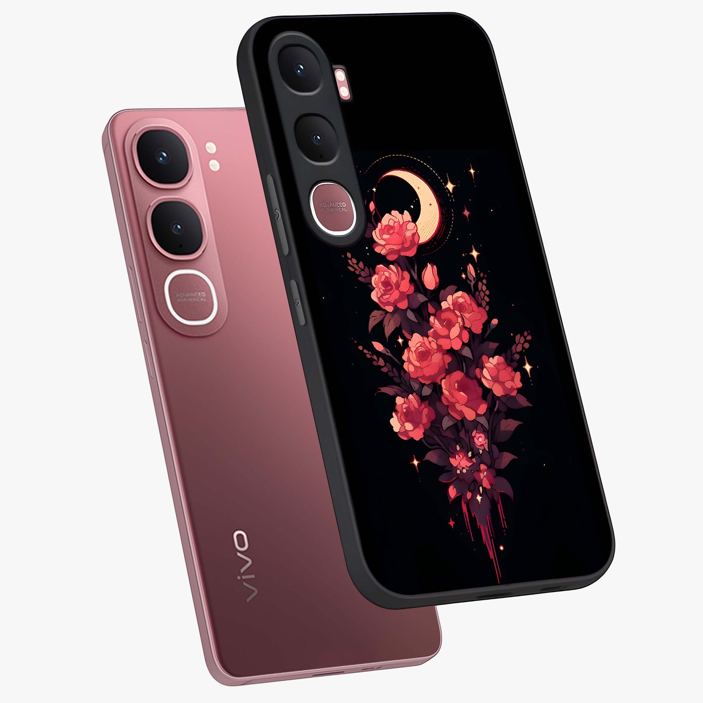 Moonlit Floral Elegance Glass Case displayed in angled mockup highlighting graceful flower design with soft moonlight aesthetic.