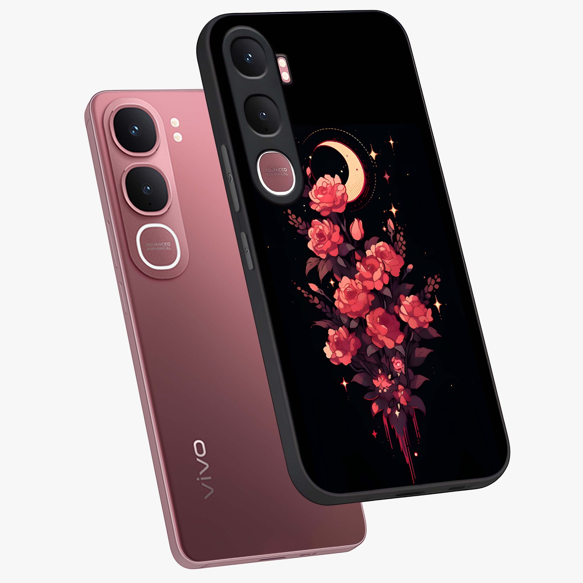 Moonlit Floral Elegance Glass Case displayed in angled mockup highlighting graceful flower design with soft moonlight aesthetic.