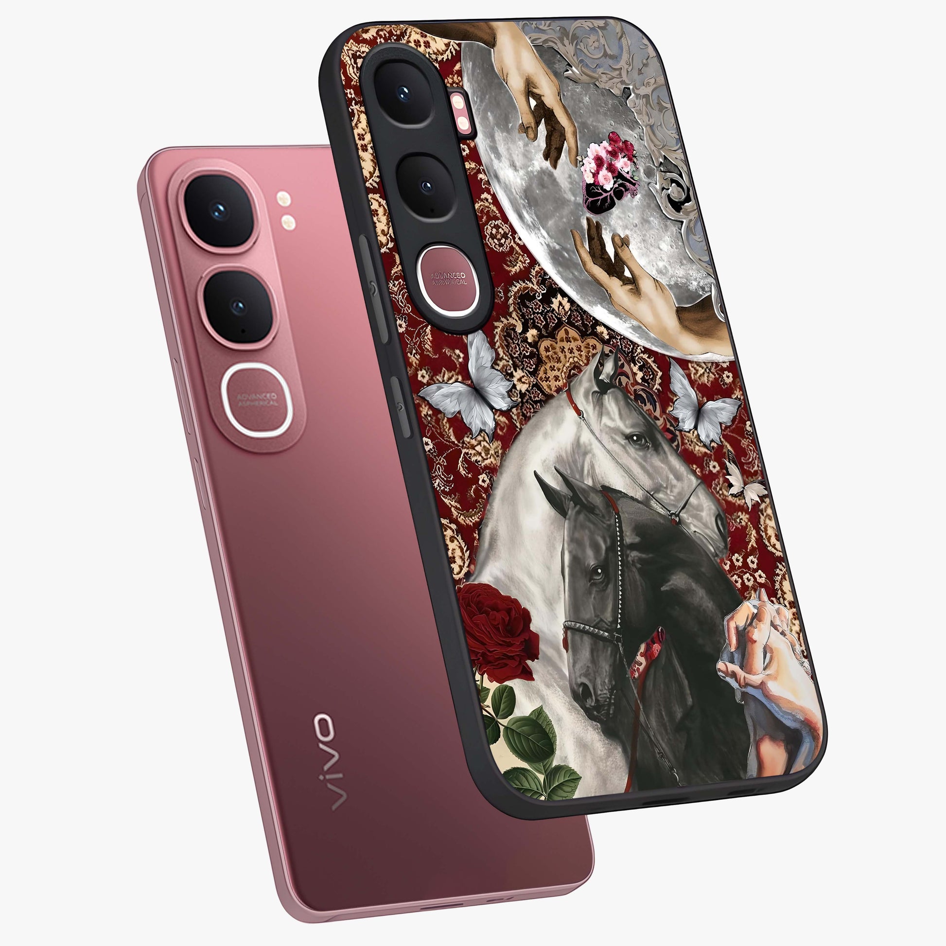 Moonlit Royal Stallion Glass Case displayed in angled mockup highlighting powerful stallion illustration with royal night aesthetic.