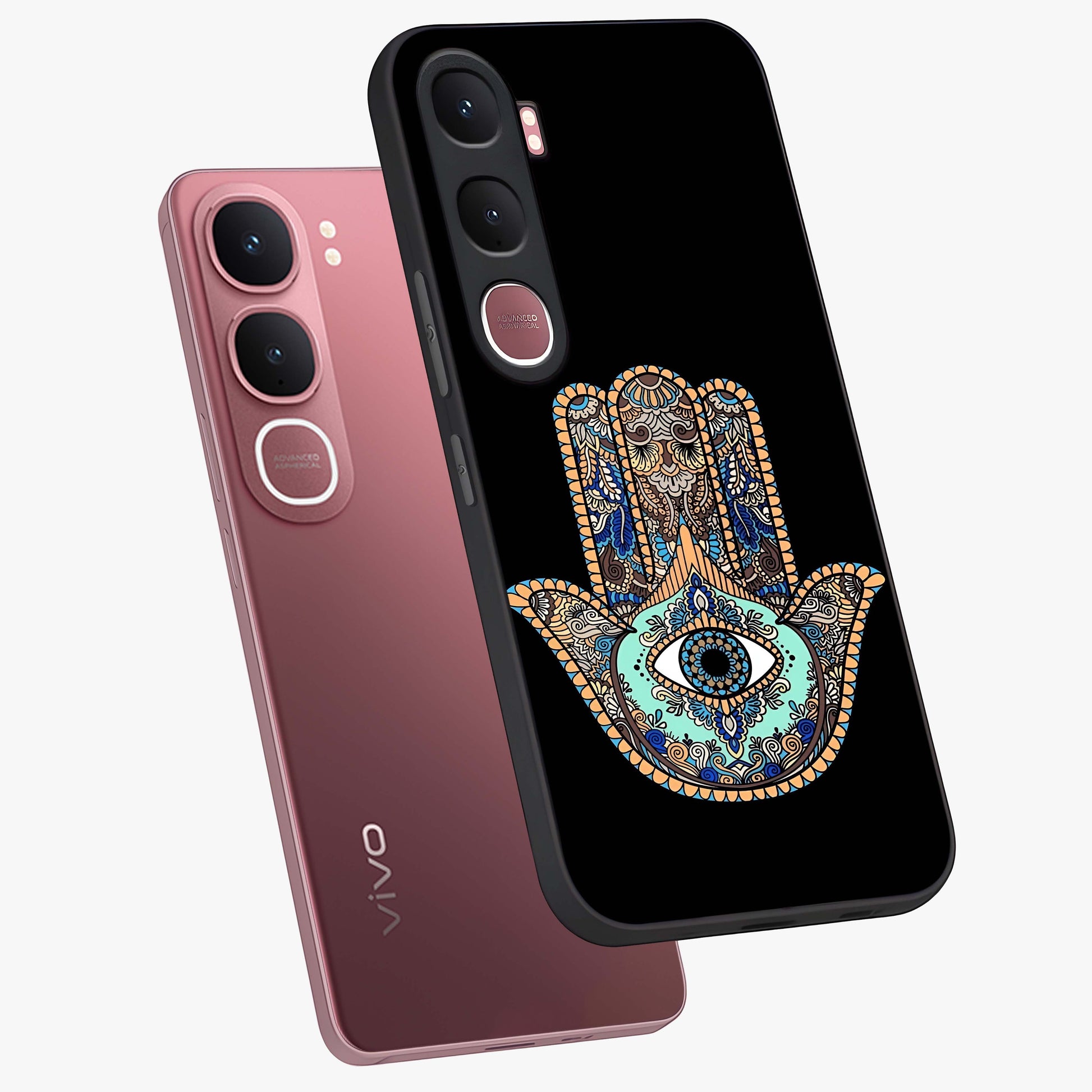 Mystic Hamsa Eye Glass Case displayed in angled mockup highlighting spiritual hamsa symbol with mystical aesthetic style.