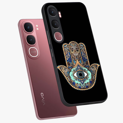 Mystic Hamsa Eye Glass Case displayed in angled mockup highlighting spiritual hamsa symbol with mystical aesthetic style.