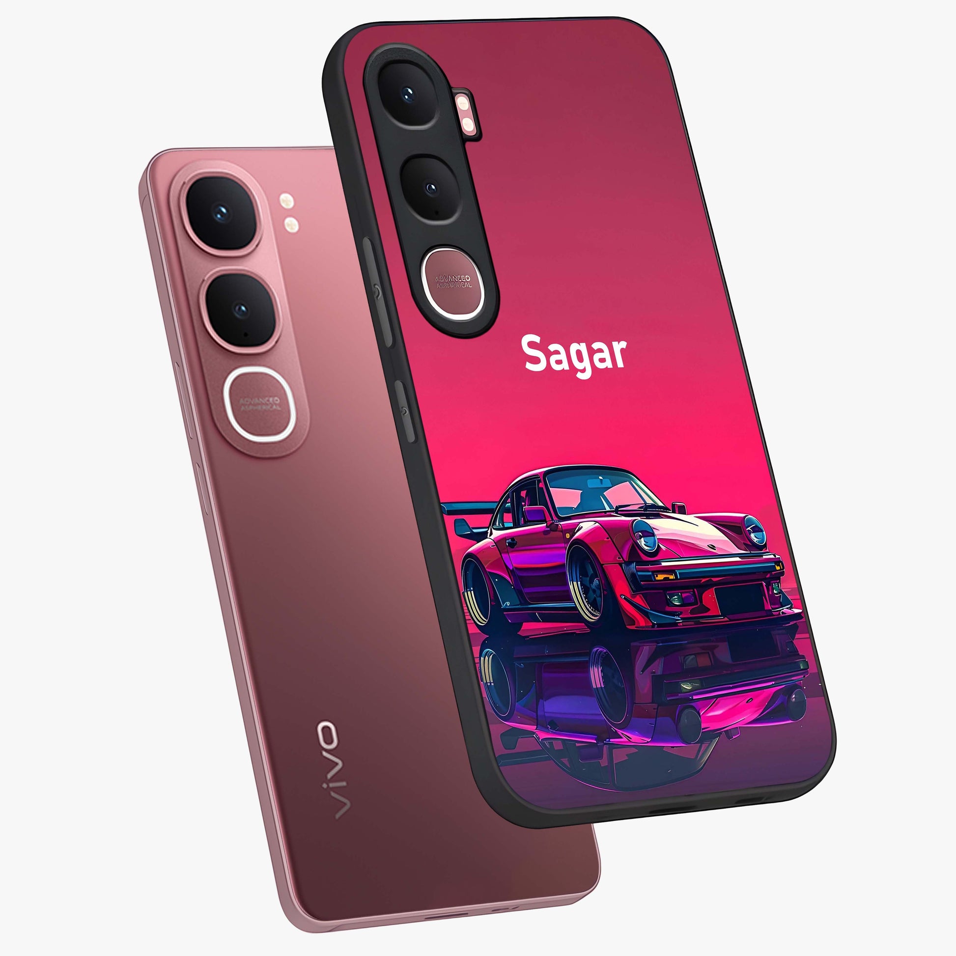 Neon Pink Porsche Glass Case displayed in angled mockup highlighting sleek neon pink car design with racing aesthetic.