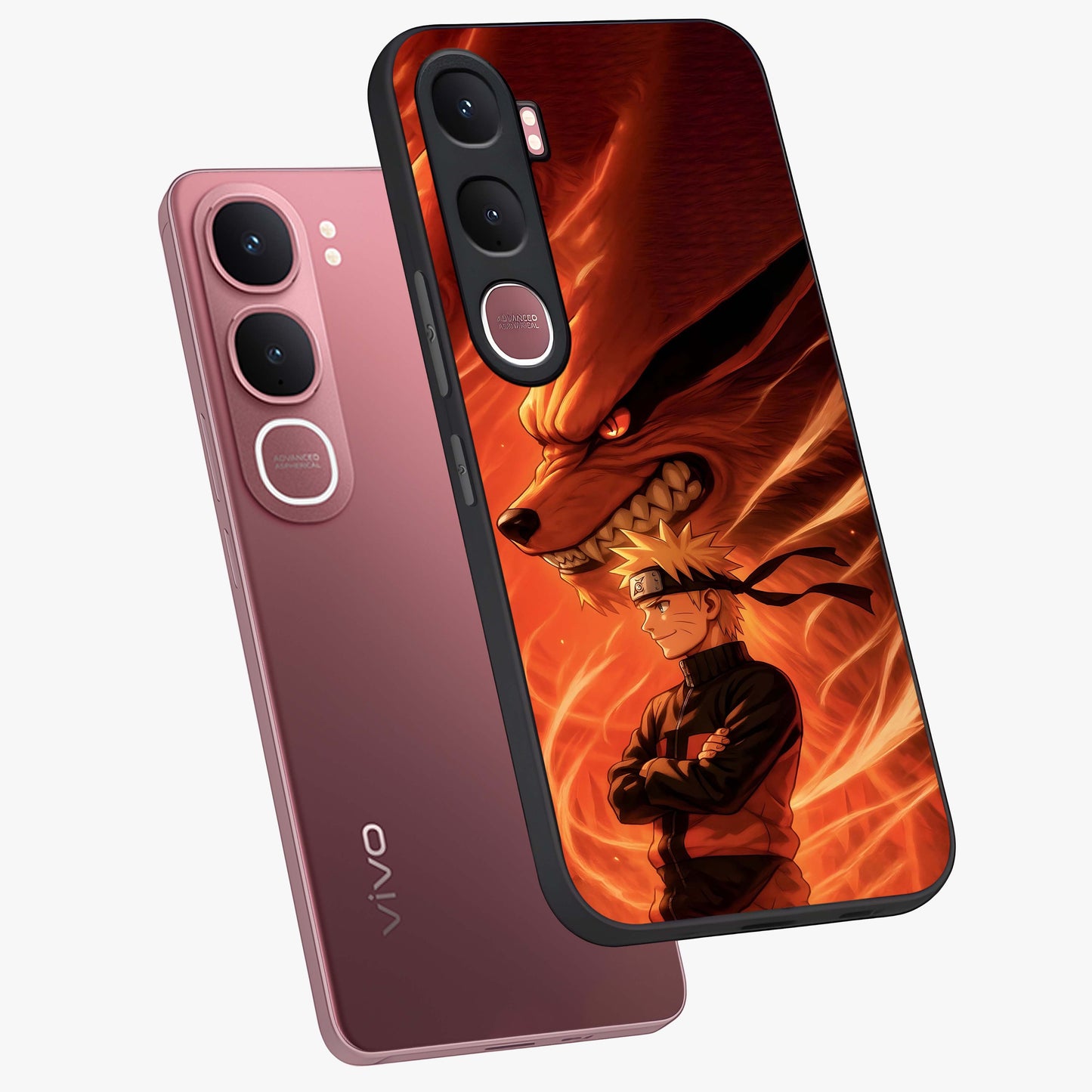 Nine Tails Legacy Glass Case displayed in angled mockup highlighting dynamic anime beast illustration with bold mystical aesthetic.