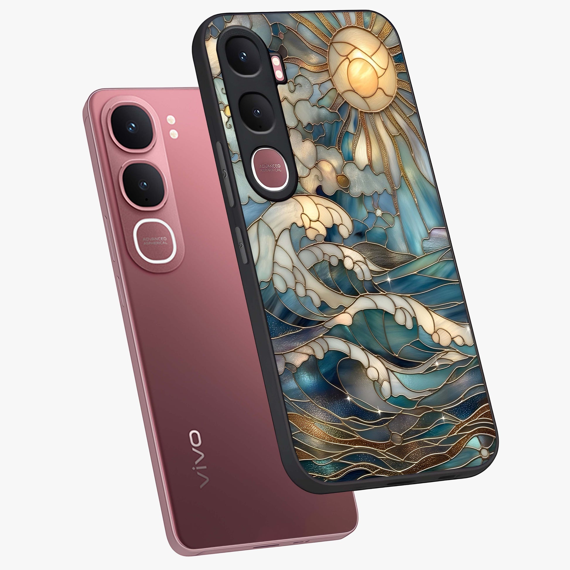 Oceanic Stained Printed Glass Case displayed in angled mockup highlighting colorful aquatic design with artistic aesthetic style.