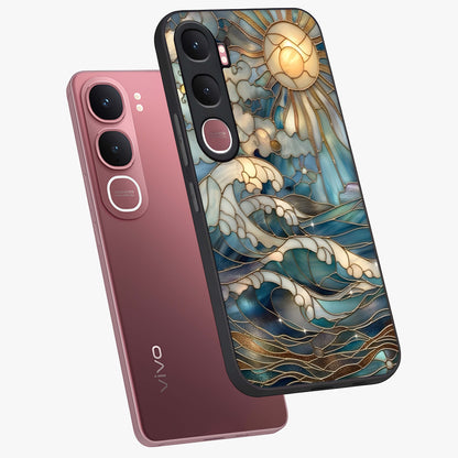 Oceanic Stained Printed Glass Case displayed in angled mockup highlighting colorful aquatic design with artistic aesthetic style.