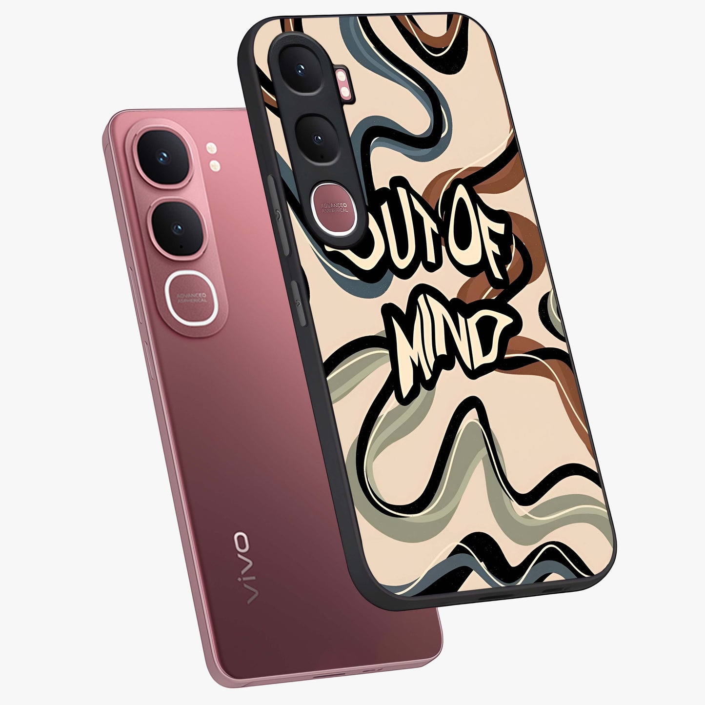 Out Of Mind Glass Case displayed in angled mockup highlighting bold statement design with modern artistic aesthetic.