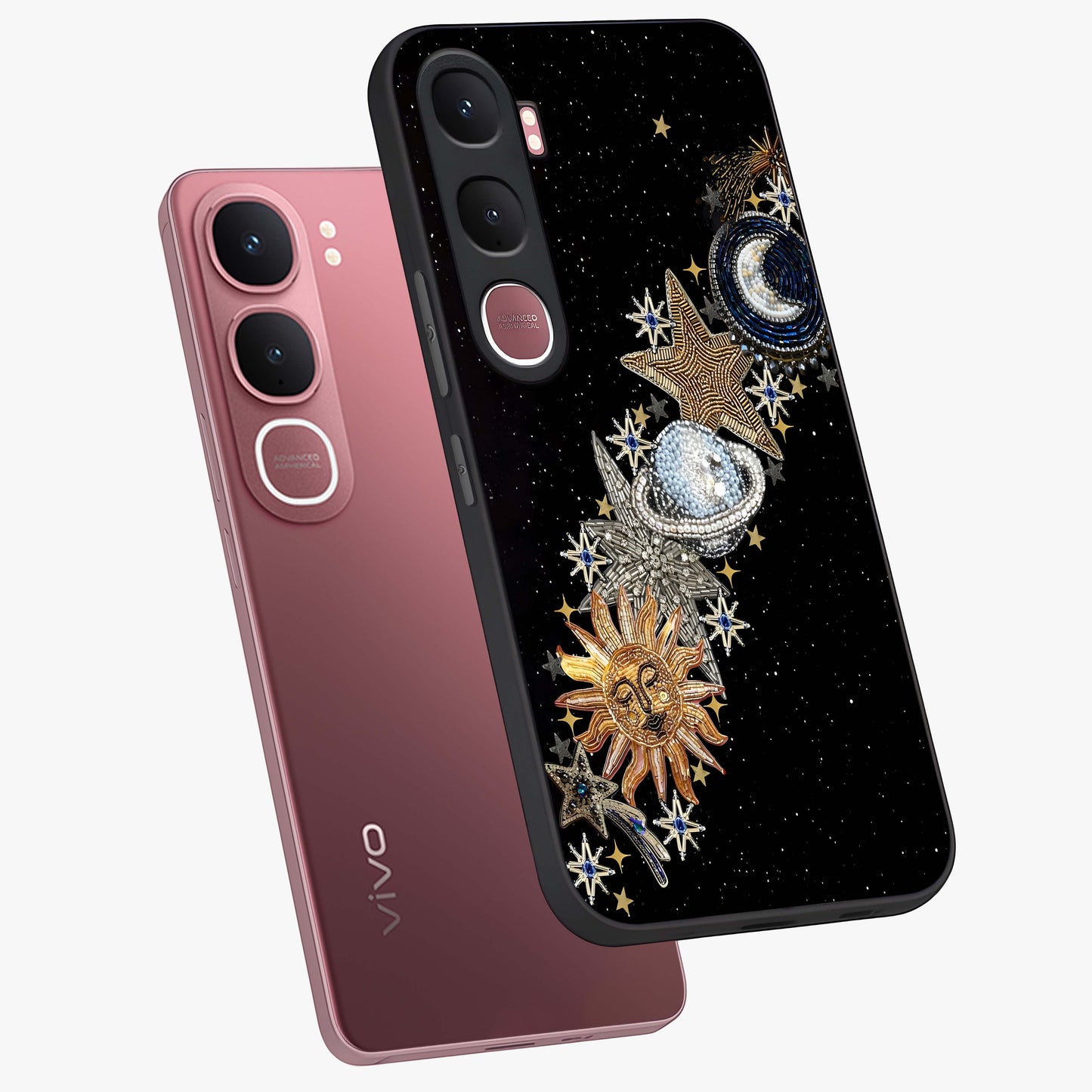 Pearls Universe Object Glass Case displayed in angled mockup highlighting celestial pearl design with dreamy aesthetic.