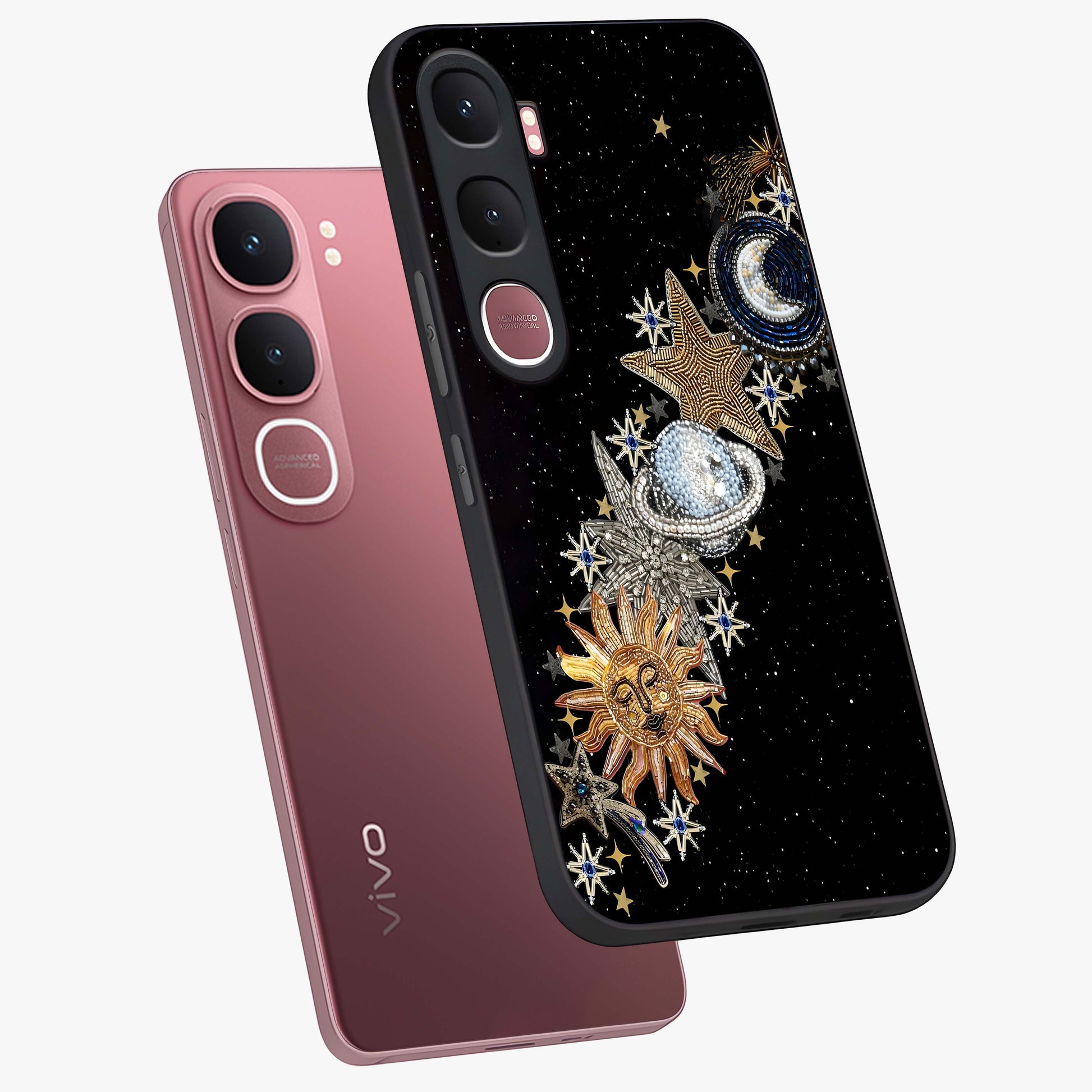 Pearls Universe Object Glass Case displayed in angled mockup highlighting celestial pearl design with dreamy aesthetic.