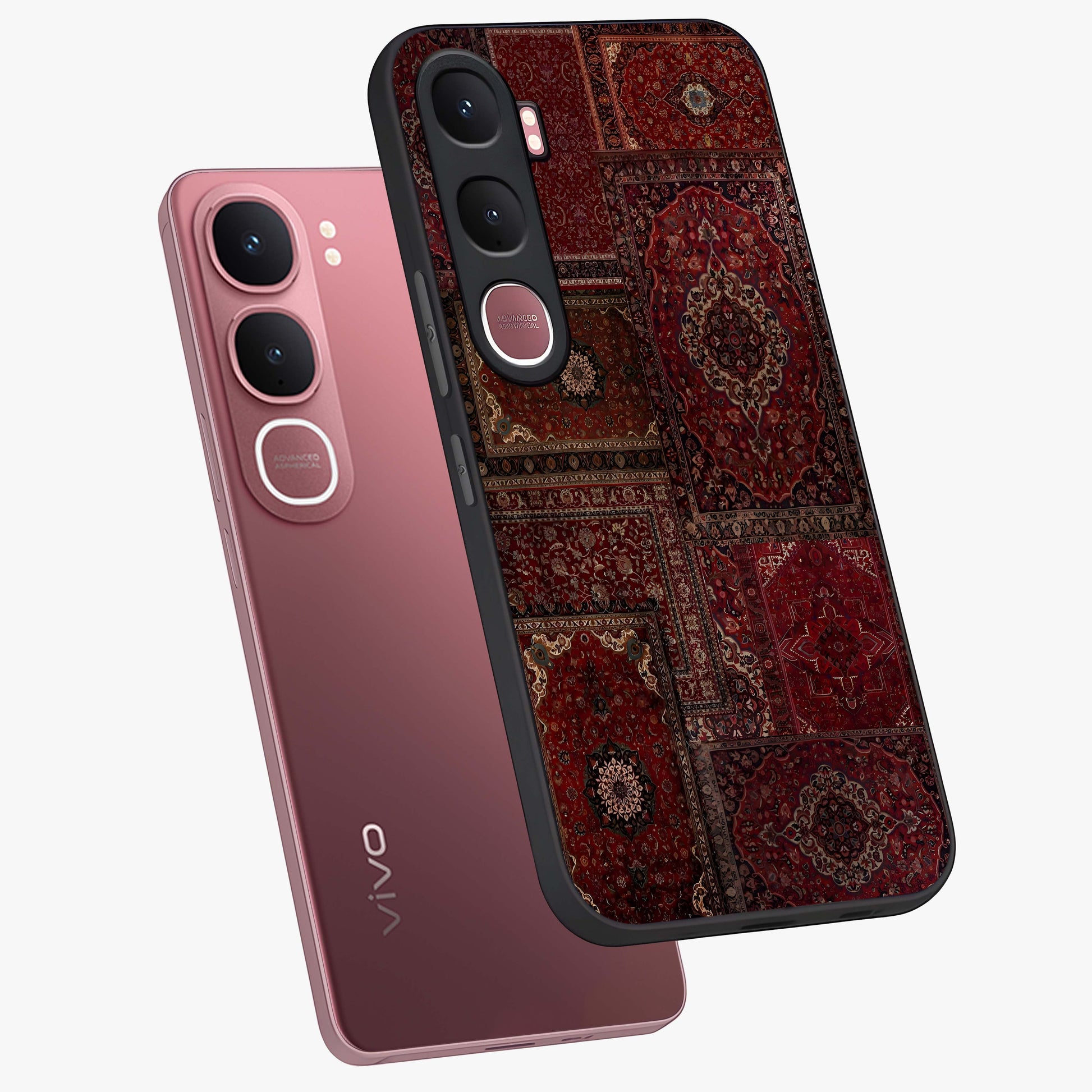 Persian Velvet Tale Glass Case displayed in angled mockup highlighting ornate textile inspired design with royal aesthetic.