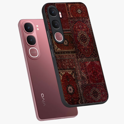 Persian Velvet Tale Glass Case displayed in angled mockup highlighting ornate textile inspired design with royal aesthetic.