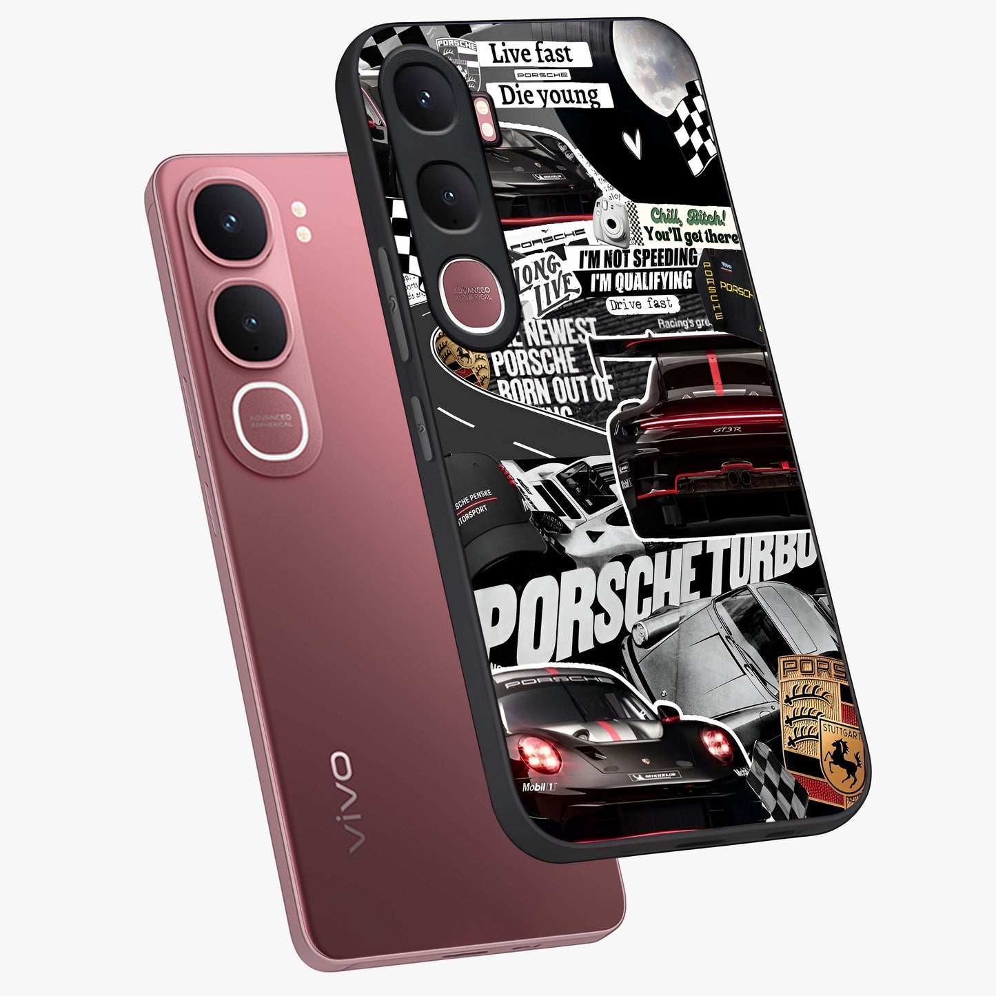 Porsche Racing Collage Glass Case displayed in angled mockup highlighting dynamic automotive design with bold racing aesthetic.