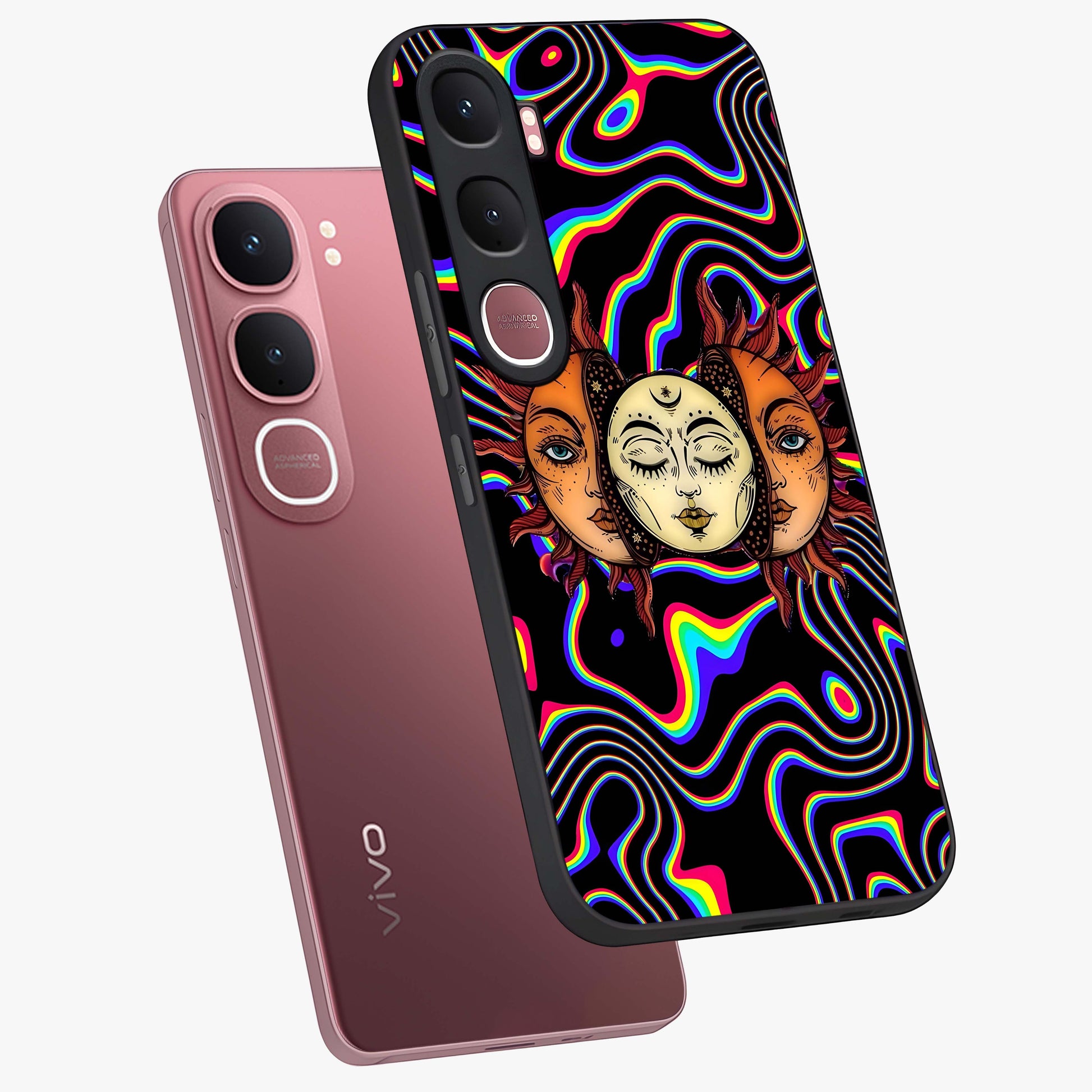 Psychedelic Sun Glass Case displayed in angled mockup highlighting vibrant abstract sun design with artistic aesthetic style.