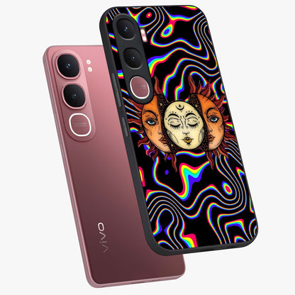 Psychedelic Sun Glass Case displayed in angled mockup highlighting vibrant abstract sun design with artistic aesthetic style.