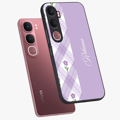 Purple Diamond Floral Glass Case displayed in angled mockup highlighting elegant purple flower design with decorative pattern.