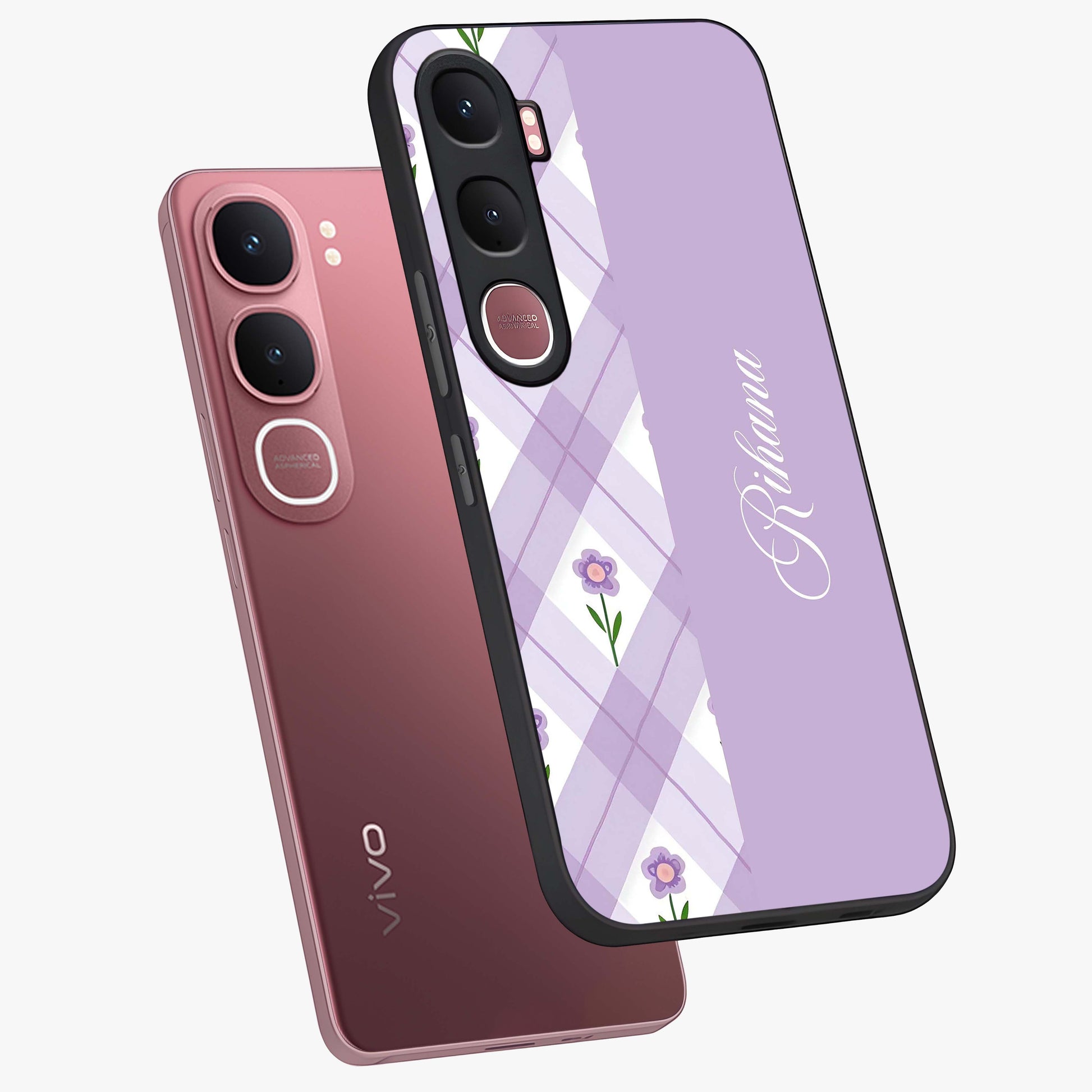 Purple Diamond Floral Glass Case displayed in angled mockup highlighting elegant purple flower design with decorative pattern.