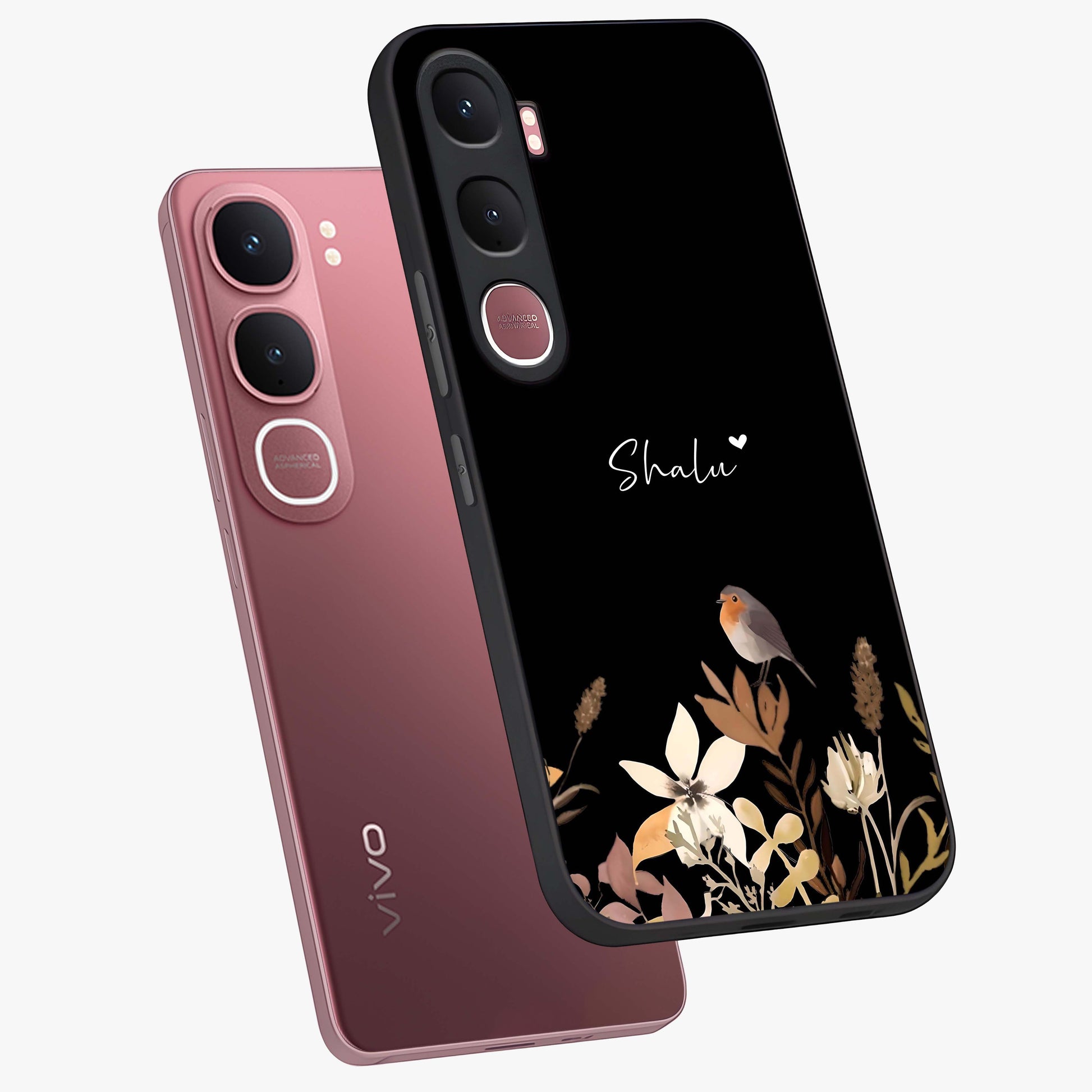 Quiet Garden Tune Custom Name Glass Case displayed in angled mockup highlighting delicate floral garden design with custom name feature.