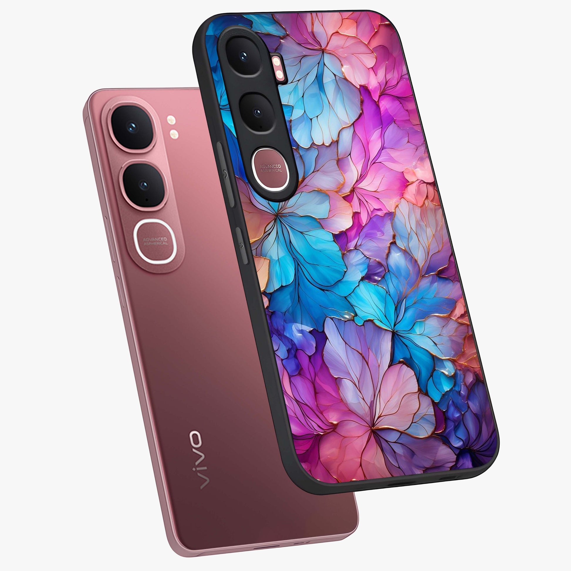 Radiant Floral Whirl Glass Case displayed in angled mockup highlighting vibrant flower pattern with dynamic artistic aesthetic.