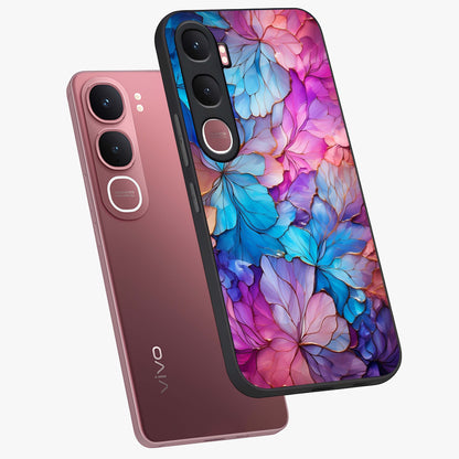Radiant Floral Whirl Glass Case displayed in angled mockup highlighting vibrant flower pattern with dynamic artistic aesthetic.