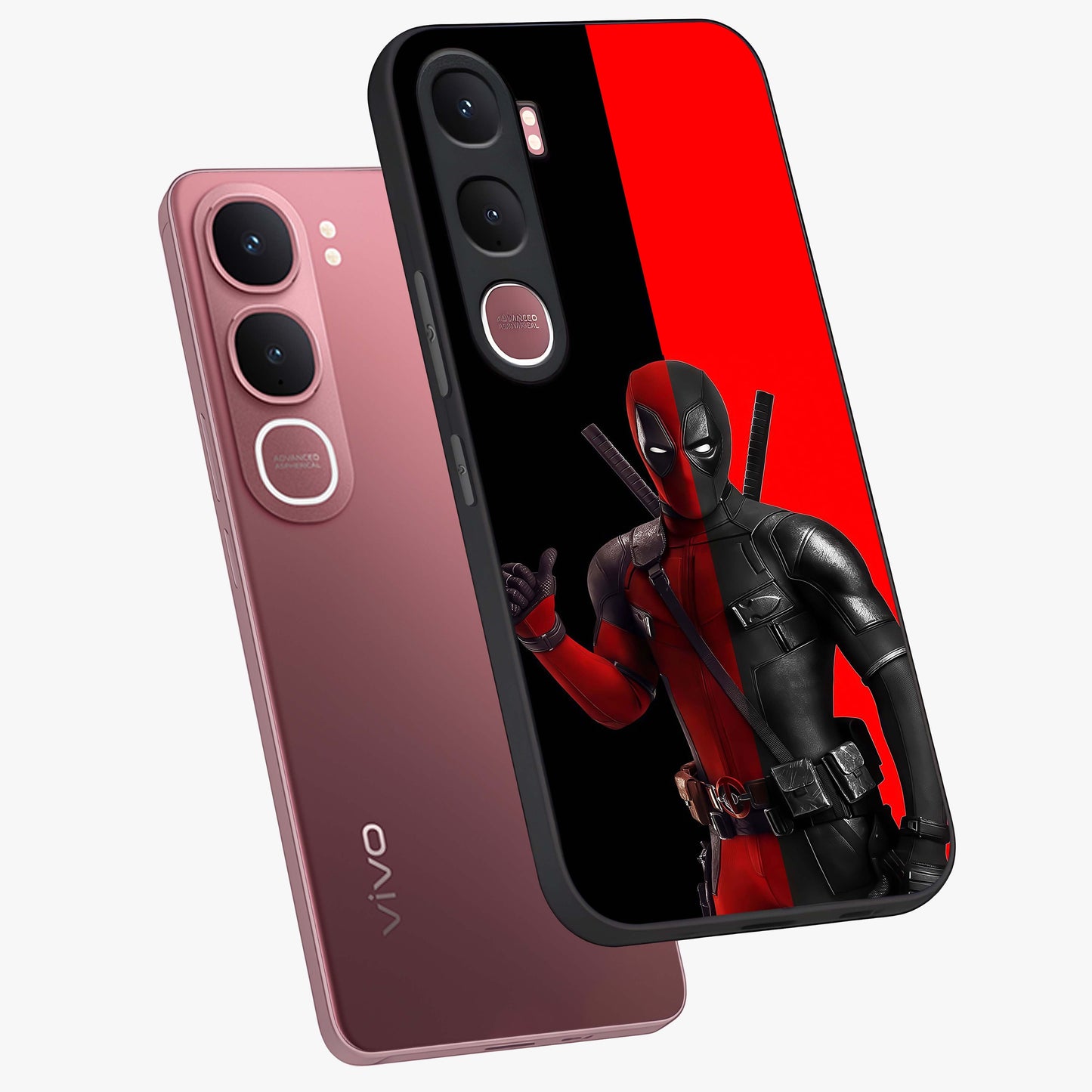 Red & Black Deadpool Theme Glass Case displayed in angled mockup highlighting vibrant superhero style illustration with action aesthetic.