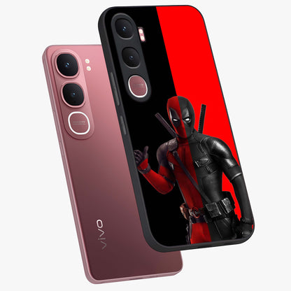Red & Black Deadpool Theme Glass Case displayed in angled mockup highlighting vibrant superhero style illustration with action aesthetic.