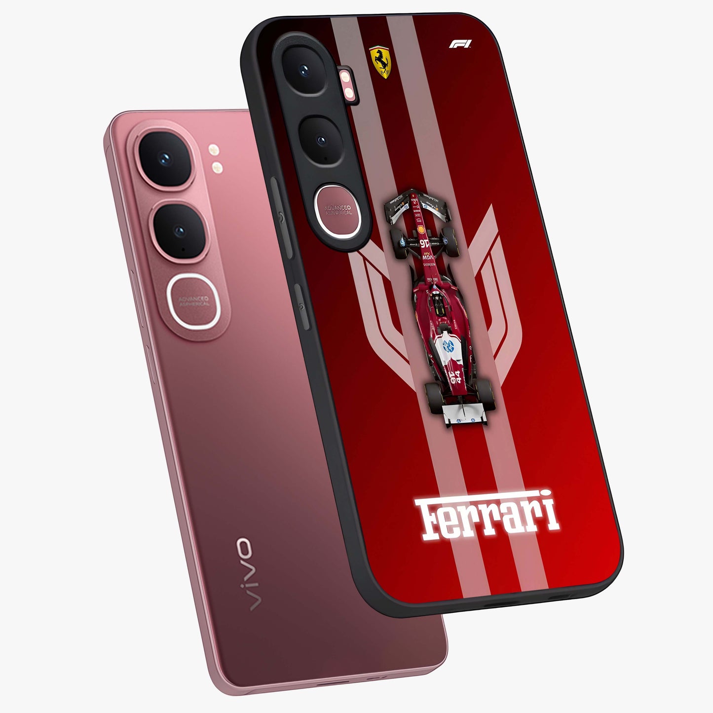 Red Ferrari F1 Vertical Glass Case displayed in angled mockup highlighting high speed racing design with bold automotive aesthetic.