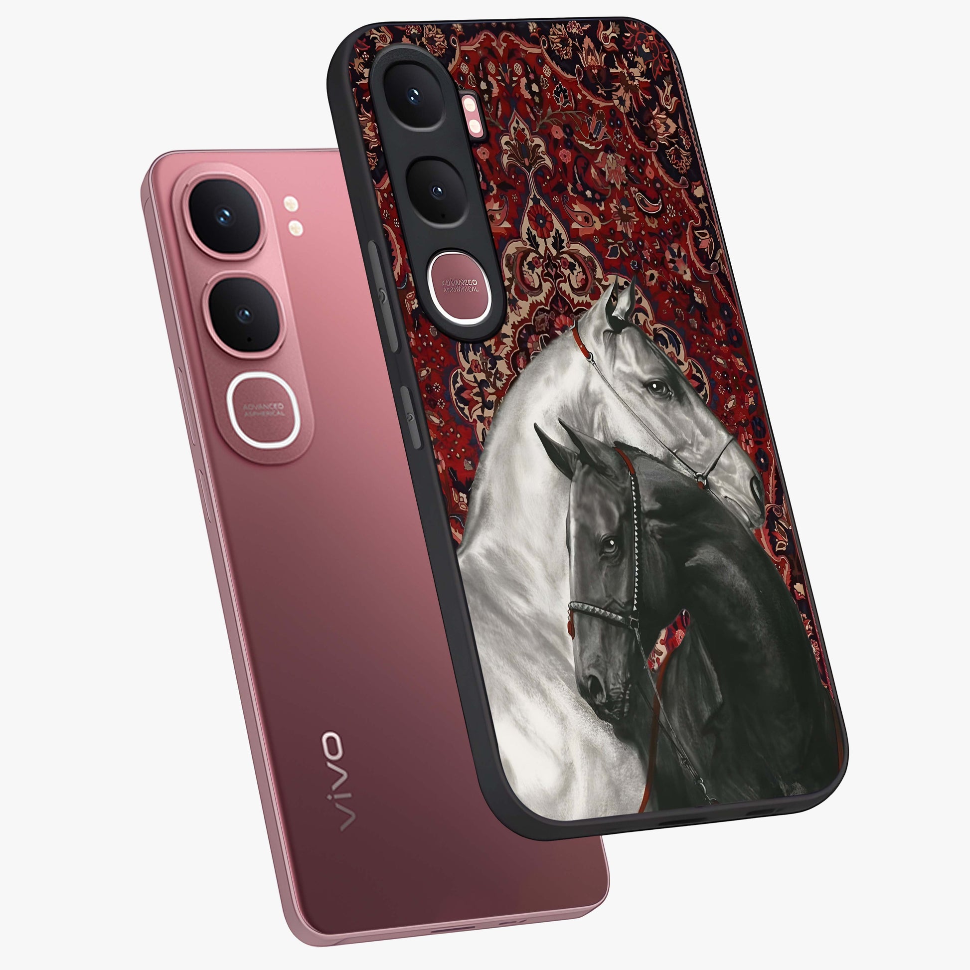 Regal Stallion Tapestry Glass Case displayed in angled mockup highlighting royal stallion design with decorative heritage aesthetic.