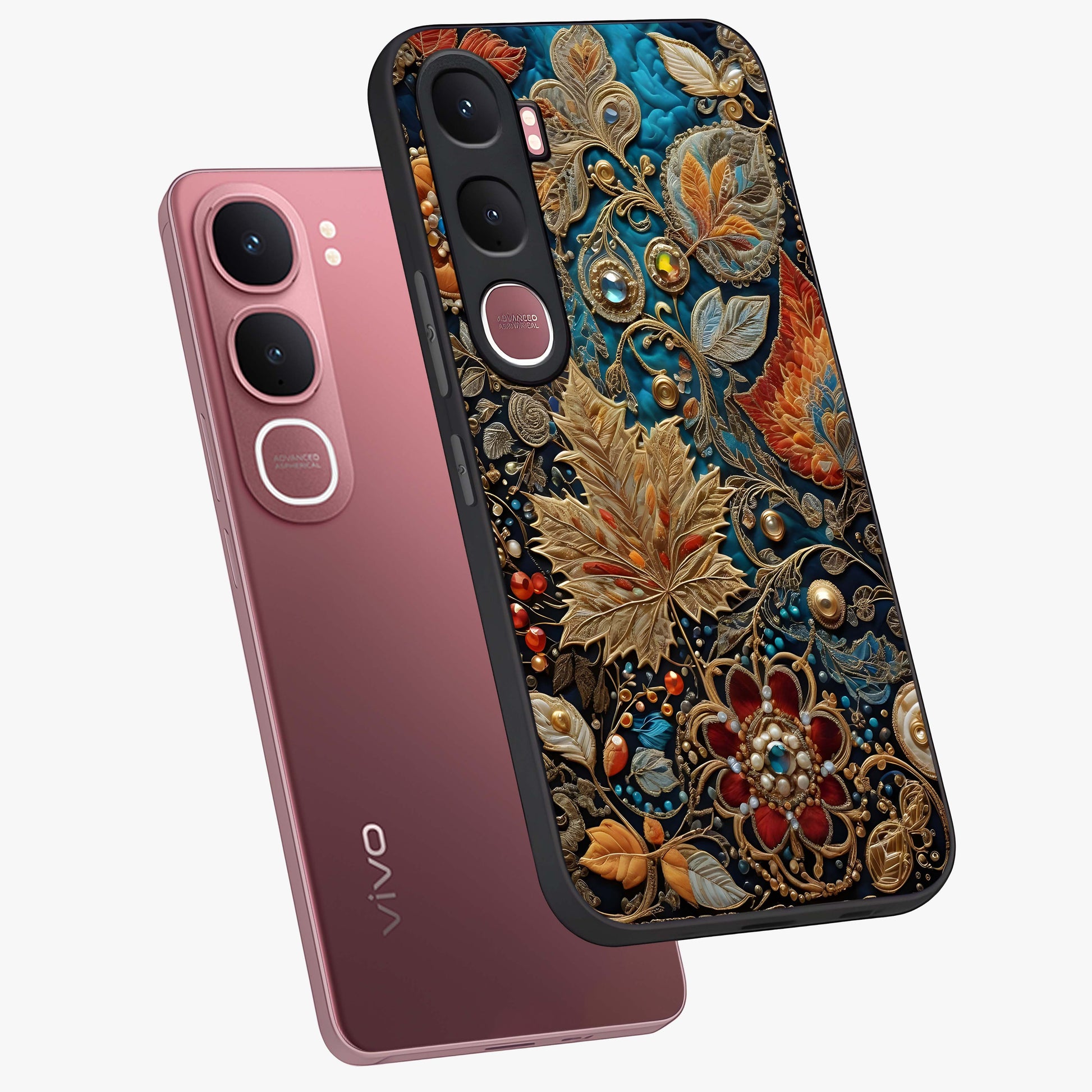 Royal Jewel Garden Glass Case displayed in angled mockup highlighting vibrant jewel inspired floral design with elegant aesthetic.