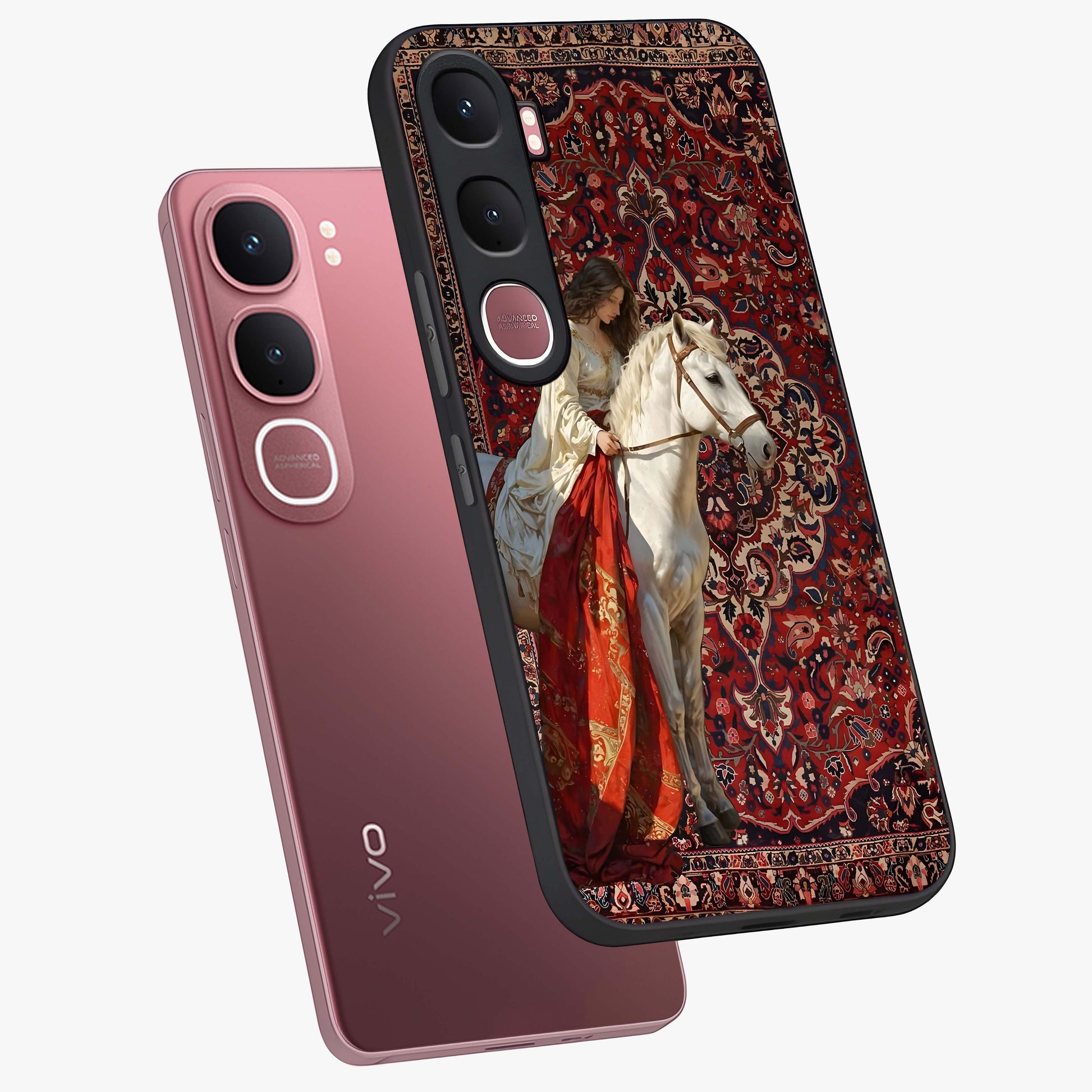Royal Rider Tapestry Glass Case displayed in angled mockup highlighting traditional tapestry design with royal heritage aesthetic.
