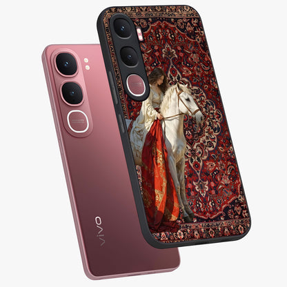 Royal Rider Tapestry Glass Case displayed in angled mockup highlighting traditional tapestry design with royal heritage aesthetic.
